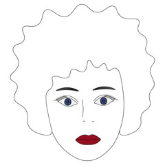 Vector illustration of a girl's face with blue eyes. Full face. Hairstyle lush curls. Her plump lips were painted bright red. Face on an isolated background. Idea for a book, magazine, or web design. 