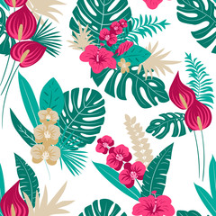 ctor seamless tropical pattern, vivid tropic foliage, with leaves, flowers. Modern bright summer print design