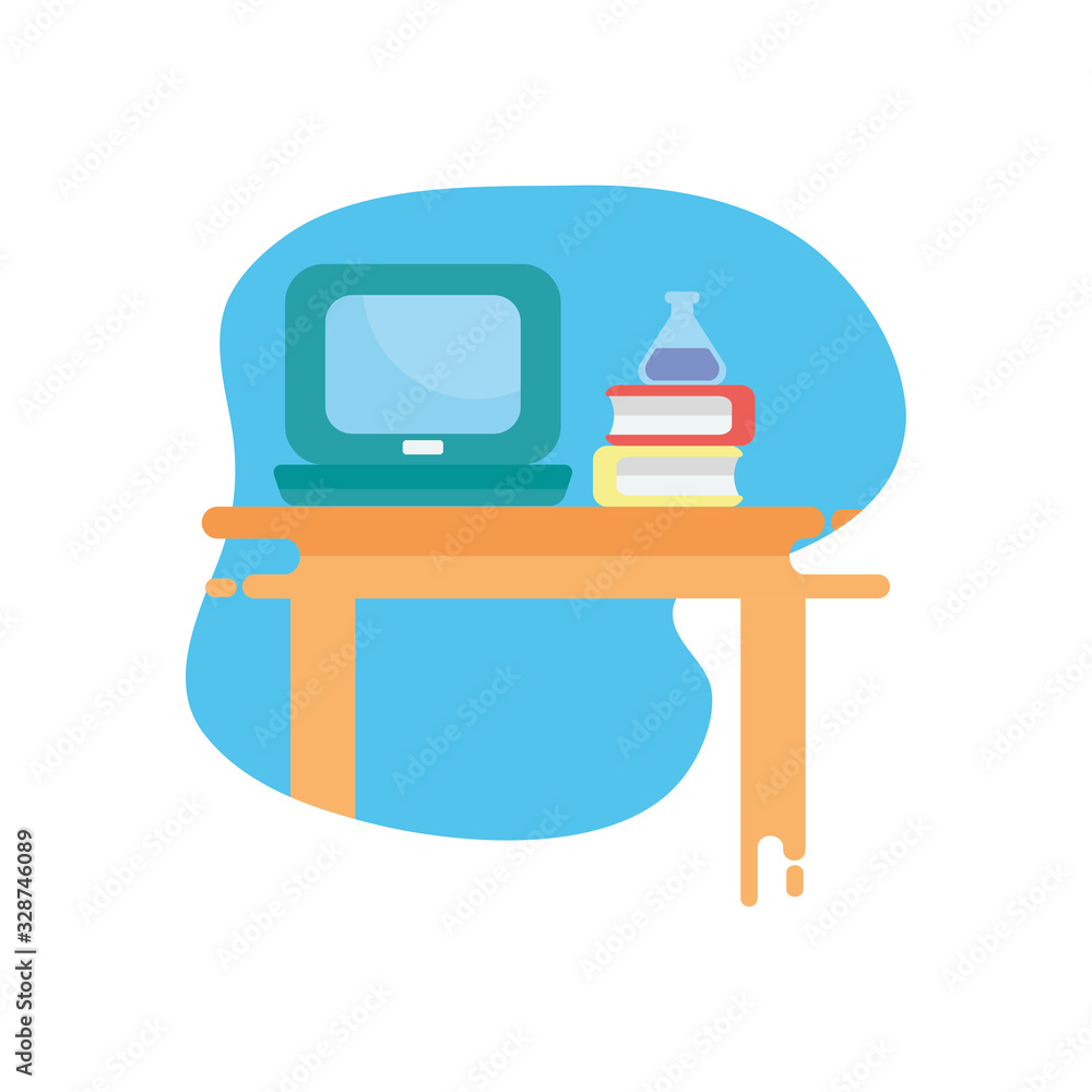 Poster flask over school books and laptop flat block style icon vector design