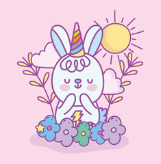 cute little rabbit with hat flowers sun cartoon