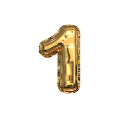 Golden Foil Helium Balloons Cyrillic Typeface. 3D Render of Numbers Isolated on White Background. Number One 1.