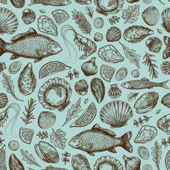 Seafood seamless pattern. Shrimp, mussel, oyster, seashell, herbs, carp, sardine, prawn. Vector illustration