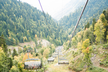 Cableway in the ski resort of Rosa Khutor in Sochi. Mountain landscape in the summer. Russian ski resort, for articles