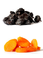 Set of  prunes and   dried apricots isolated on white background, food photo