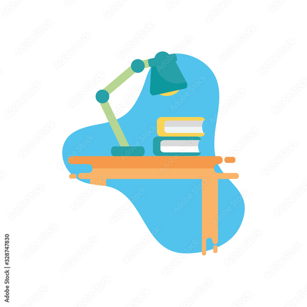 Poster school books and lamp over table flat block style icon vector design