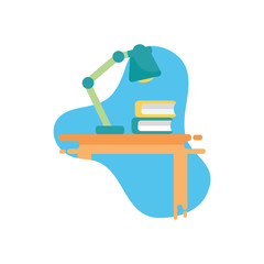 school books and lamp over table flat block style icon vector design