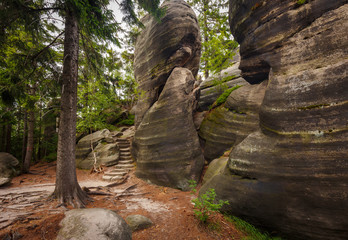 Series of stairs and steps carved in a sandstone, leading to Supi Hnizdo (vulture's nest) on a...