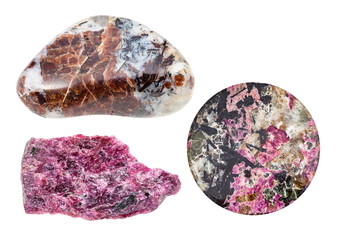 set of various eudialyte rocks isolted on white