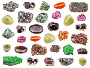 set of various Garnet gemstones isolated
