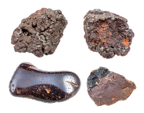 set of various Goethite rocks isolated on white