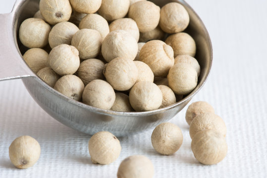 White Peppercorns Spilled from a Teaspoon