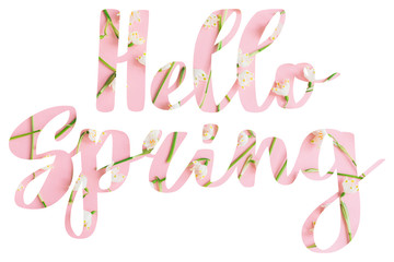 Hello Spring. Stylish Hello Spring  floral text with white spring flowers on pink background, lettering isolated on white. Floral greeting card or poster template. Springtime