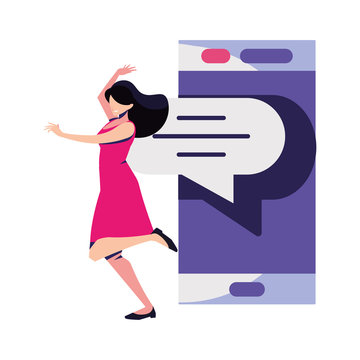 woman with smartphone screen and speech bubble on white background