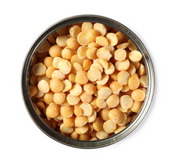 Raw yellow split peas in tin can isolated on white background, top view