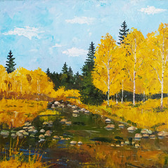Autumn landscape with a river, stones, autumn trees. Bright sunny day. Painting on canvas with oil paints.