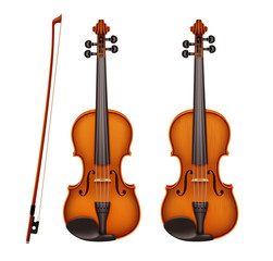 Fototapeta na wymiar Realistic vector detailed violin with fiddlestick isolated on a white background. Classical stringed musical instrument with wooden texture. Layout design for banners and presentations