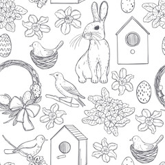 Vector pattern with Easter Bunny and spring flowers. Sketch    illustration.