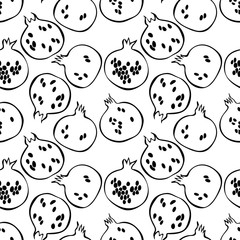 Trendy seamless pattern with pomegranate and leaves. Summer print with fruits in scandinavian style.
