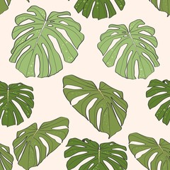 Seamless pattern of ink Hand drawn sketch Tropical palm leaves. Greeting card, invitation for summer beach party, flyer. Rustic design style. Green leaves on beige background.