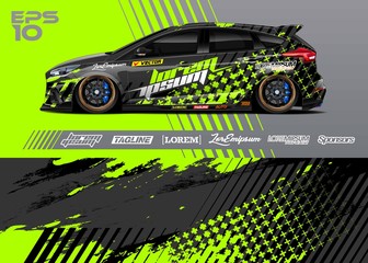 Car graphic livery design vector. Abstract stripe racing background for wrap race car, rally, drift car, cargo van, pickup truck and adventure vehicle. Full vector Eps 10. - obrazy, fototapety, plakaty