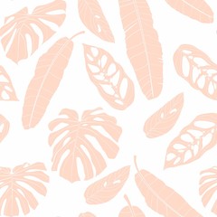 Fototapeta na wymiar Seamless exotic leaves pattern background. Peach with drawing line art illustration. White backdrop.