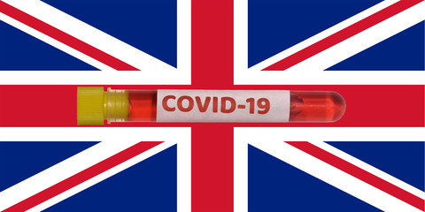 United Kingdom Coronavirus COVID-19 world outbreak concept. Vacutainer blood tube with 2019-nCoV virus positive sample before UK flag.