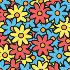 Fototapeta na wymiar Multi-colored bright flowers. Seamless pattern. Vector graphic drawing. Background. Texture.
