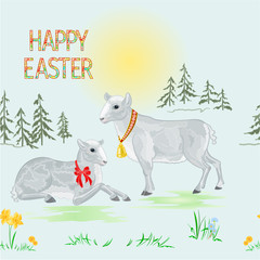 Seamless texture Happy easter spring landscape forest and easter lambs on the meadow   with daffodil vintage vector illustration editable hand draw