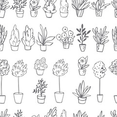 Hand drawn house plants. Vector seamless pattern.