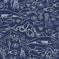 Hand drawn sea fish. Seamless vector pattern