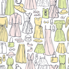 Summer fashion. Hand drawn women's clothing and shoes. Vector seamless pattern.