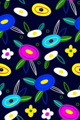 Fototapeta na wymiar Spring pattern with flowers. Summer background with wildflowers. Geometric seamless pattern in scandinavian style with colored spots on a blue background. Modern exotic jungle fruits and plants.