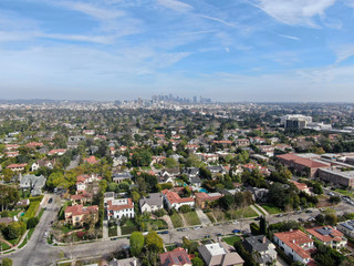 Aerial view of Central Los Angeles area with downtown on the background , California. USA