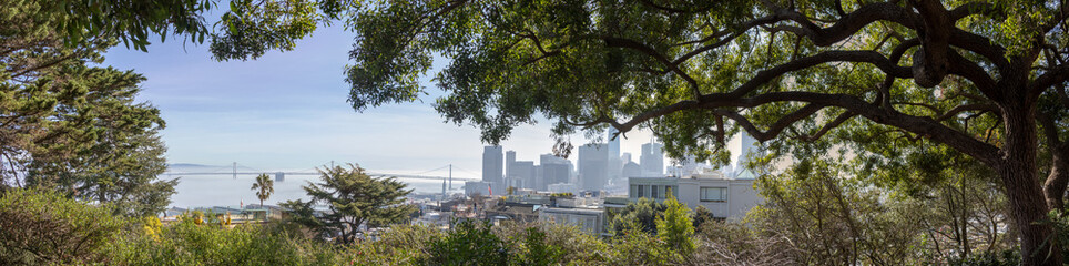 Panoramic View From Coit Tower Over the East Side of San Francisco and the Oakland Bay Bridge