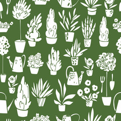 Hand drawn house plants. Vector seamless pattern.