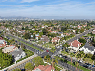 Aerial view of wealthy area with big houses in Central Los Angeles , California. USA