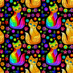 Seamless pattern with bright cats and flowers in stained glass style on a dark  background