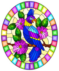 Illustration in the style of stained glass with a beautiful blue parakeet sitting on a branch of a blossoming tree on a background of leaves and sky