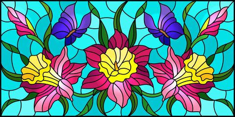 Illustration in stained glass style with a bouquet of pink daffodils and purple butterflies on a blue background