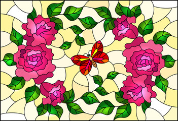 Illustration in stained glass style with pink flowers and leaves of  rose, and red butterfly on a yellow background
