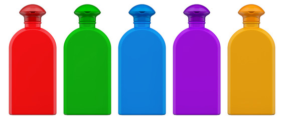 Colored plastic bottles of cosmetic product, 3D rendering