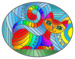 Fototapeta premium Illustration in stained glass style with abstract geometric cat and the sun on an abstract blue background, oval image