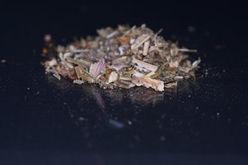 Muscatel sage spreads a pleasant scent after lighting and is therefore very suitable for smoking meat and fish, photographed in the studio.