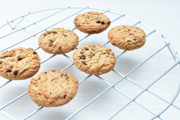 Oatmeal cookies and chocolate chips on light background