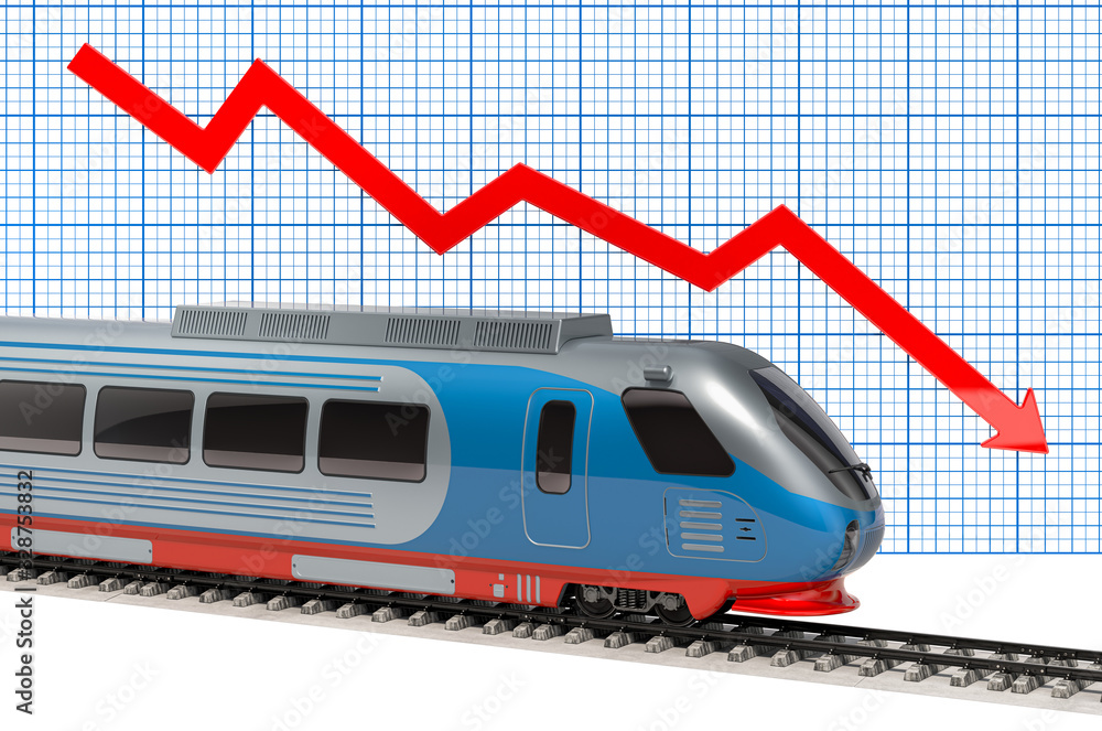 Poster train with falling red arrow. 3d rendering