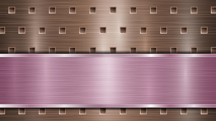 Background of bronze perforated metallic surface with holes and horizontal purple polished plate with a metal texture, glares and shiny edges