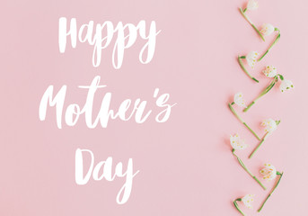 Happy Mother's day text on white spring flowers on pastel pink flat lay. Stylish floral greeting card. Happy mothers day. Spring snowflake, blooming flowers border