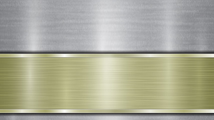 Background consisting of a silver shiny metallic surface and one horizontal polished golden plate located below, with a metal texture, glares and burnished edges