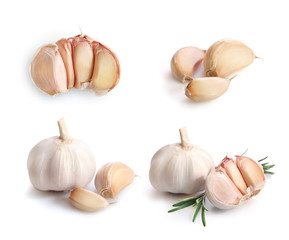 Set of garlic and rosemary isolated on white background