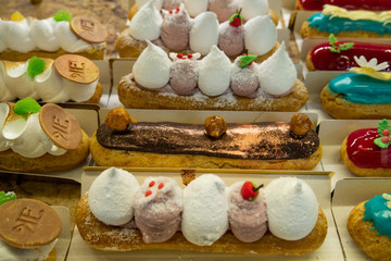 Culinary products, cakes beautifully laid out.